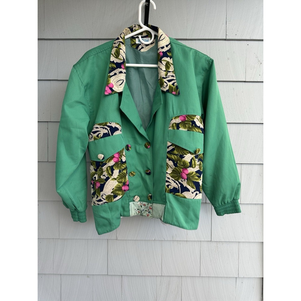Handmade Upcycled Vintage Jacket XL Green‎ Floral Print Retro Windbreaker